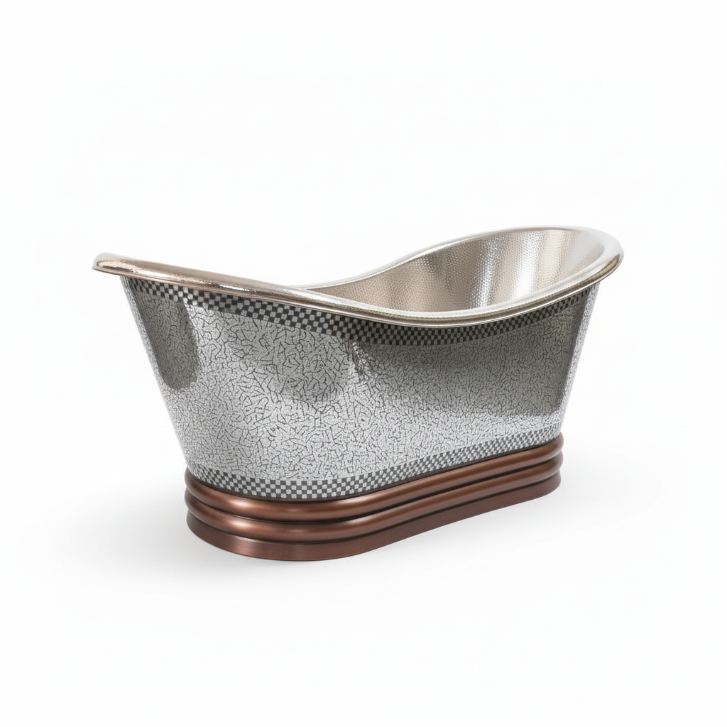 Metallic silver and bronze decorative bowl on a white background