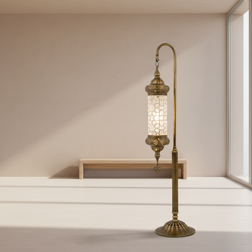 Decorative floor lamp with intricate design in a minimalistic room.