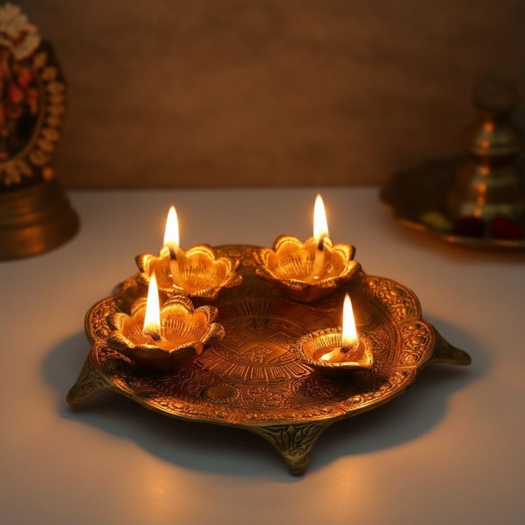 Decorative gold plate with intricate designs on a white background