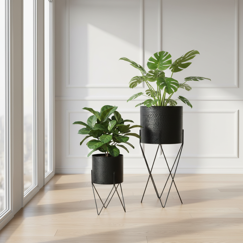 Two potted plants on black metal stands in a room with large windows.