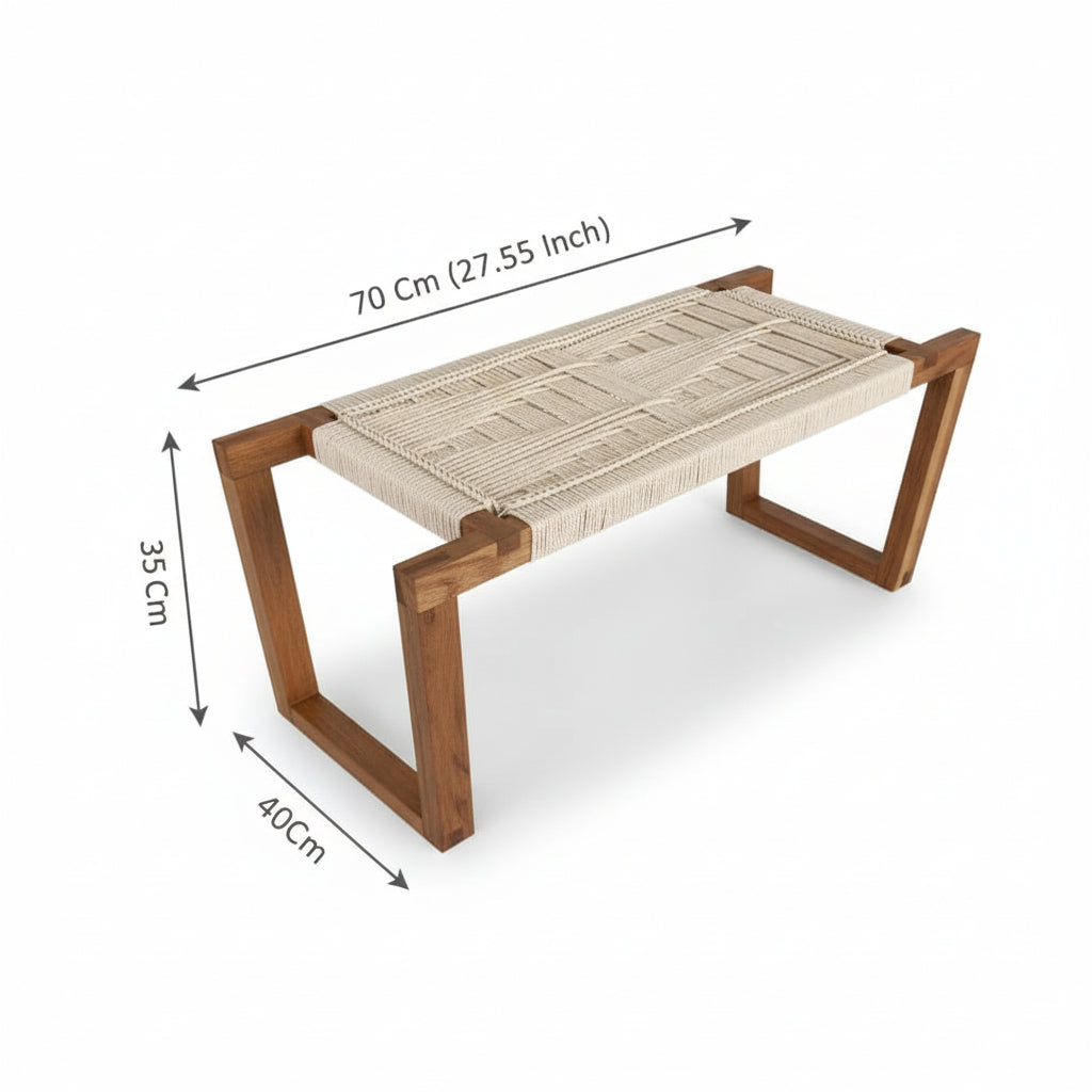 Wooden bench with woven seat and dimensions labeled on a white background