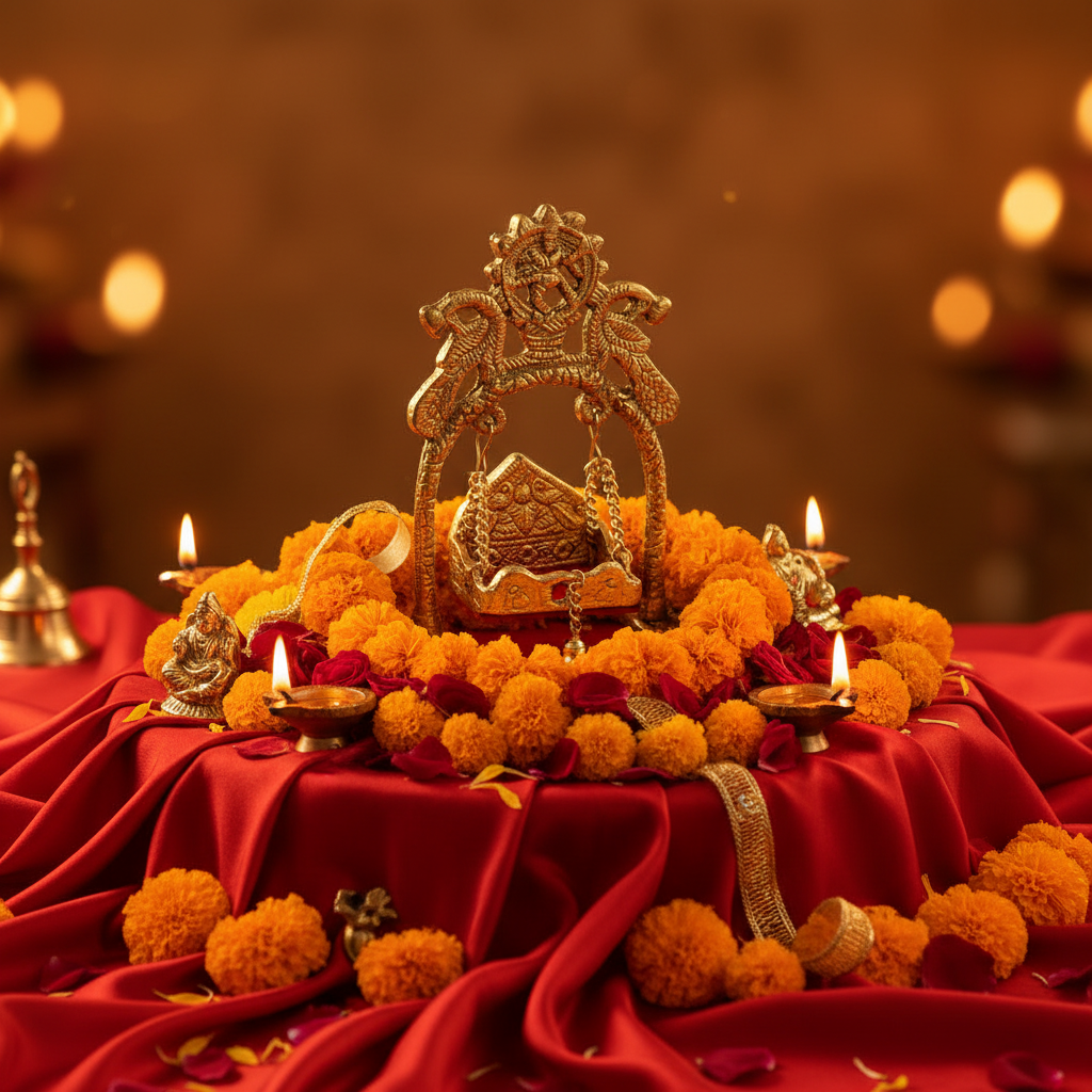 Decorative altar with marigold flowers, candles, and a metallic object on a red cloth with a warm glow.