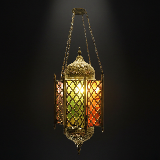Moroccan Style Metal Hanging Lantern with Colorful Glass