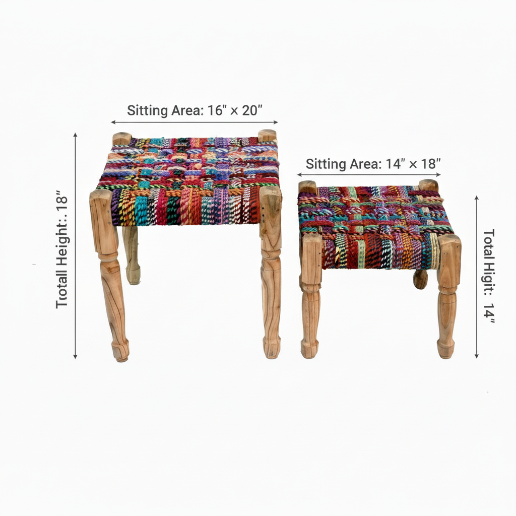 Two small stools with colorful woven seats and wooden legs, shown with dimensions on a white background.