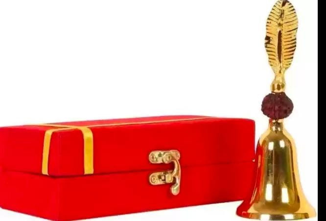Gold Plated Rudraksha Pooja Bell – Decorative Brass Bell with Packaging (6 × 3.5 × 3.5 Inch)