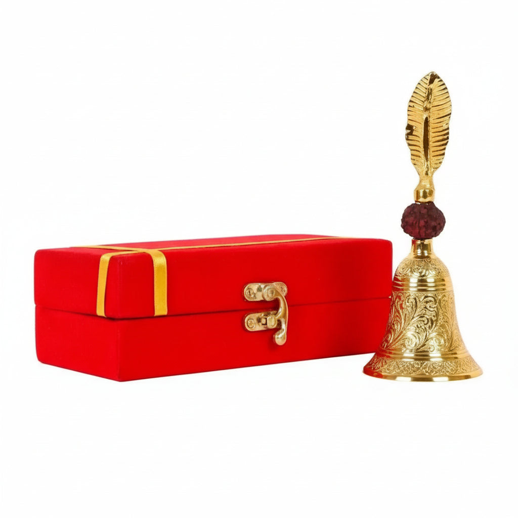 Gold bell with red box on a white background