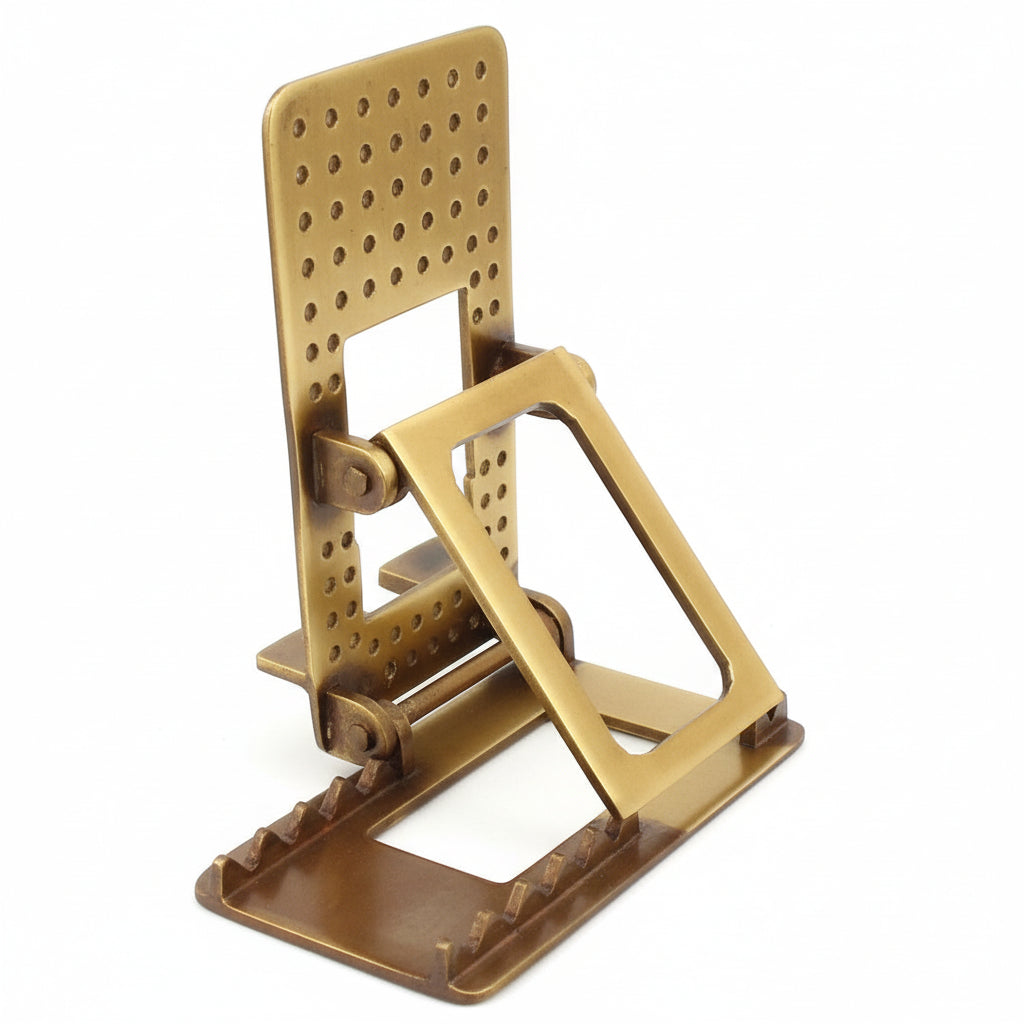 Bronze-colored metal Phone stand on a white background