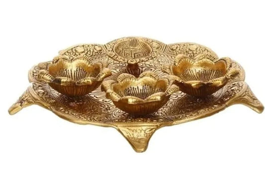 Pooja Plate with Four Diyas – Decorative Silver/Gold Polished Plate (9 Inch)