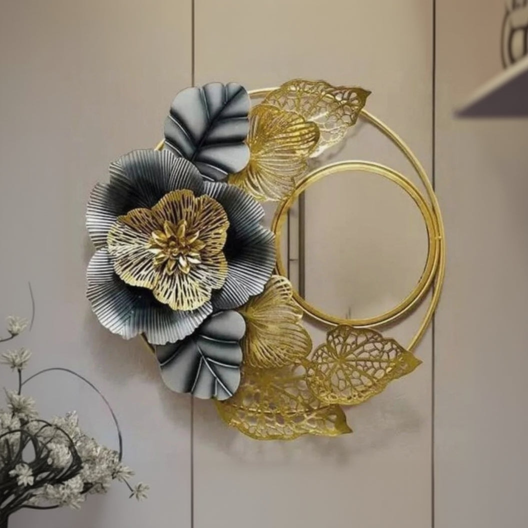 Flowery Mirror Metal Wall Art for Bedroom and Living Spaces - Brass Decors