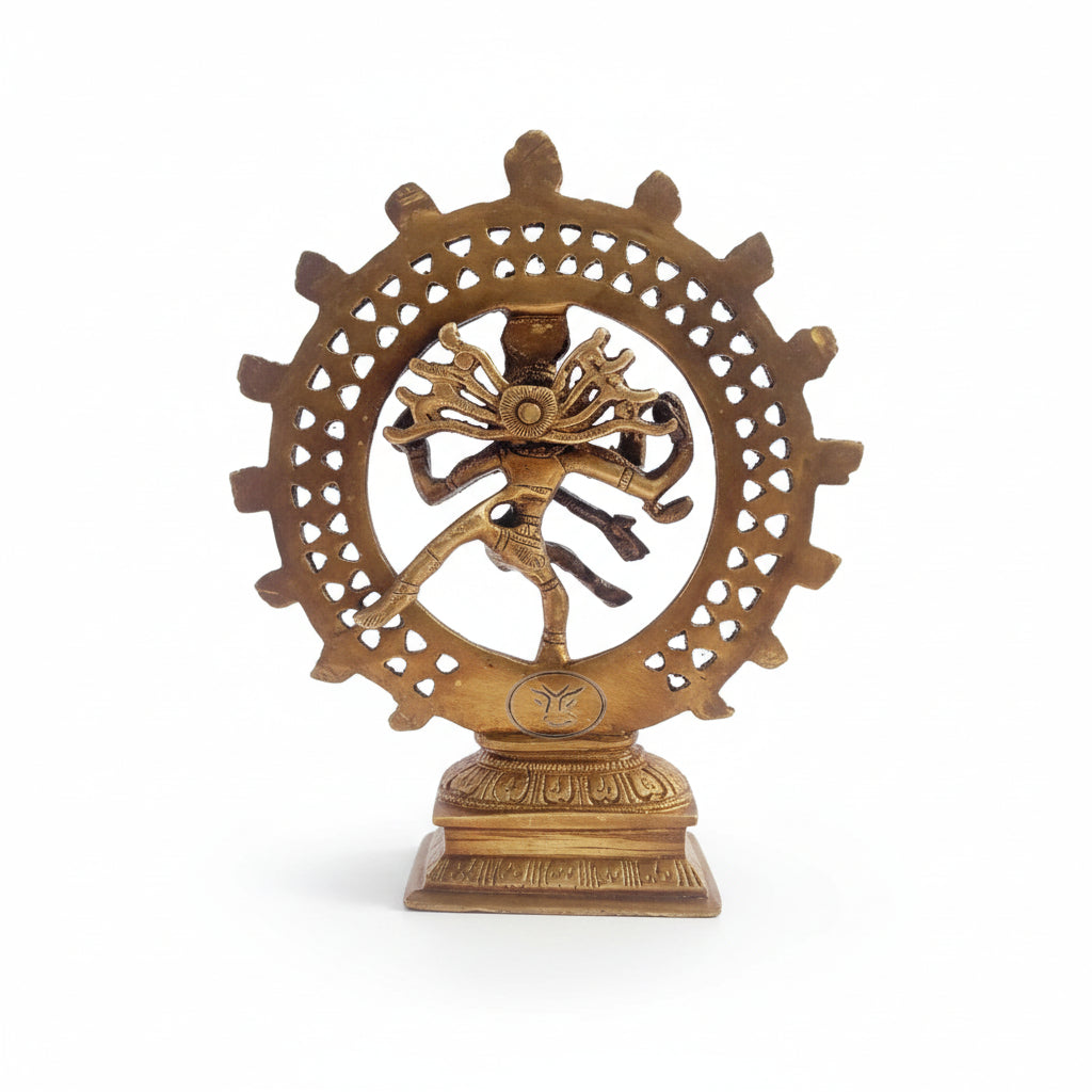 Bronze Nataraja sculpture with a wheel-like design on a white background