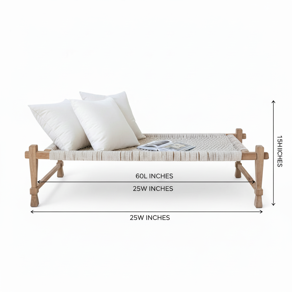 Measurement chart of a wooden bench with white cushions on a white background