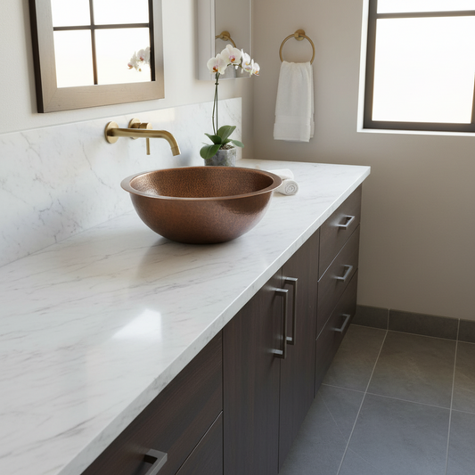 Hand Hammered Copper Round Bathroom Sink 16 Inch Dual Mount