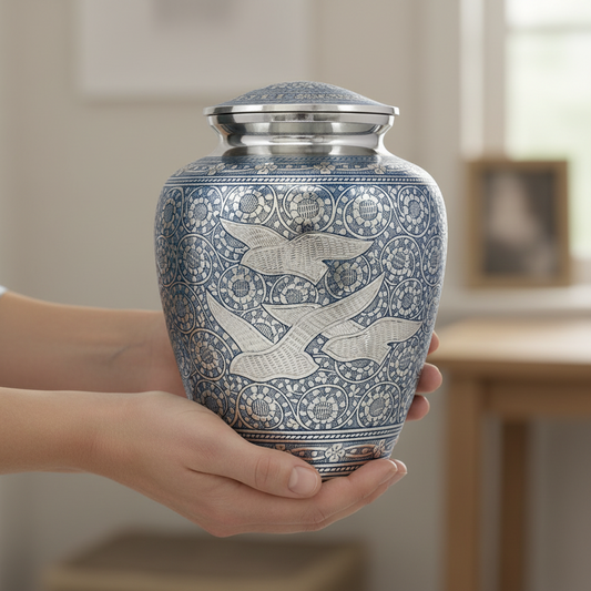 Person holding a decorative urn with intricate patterns