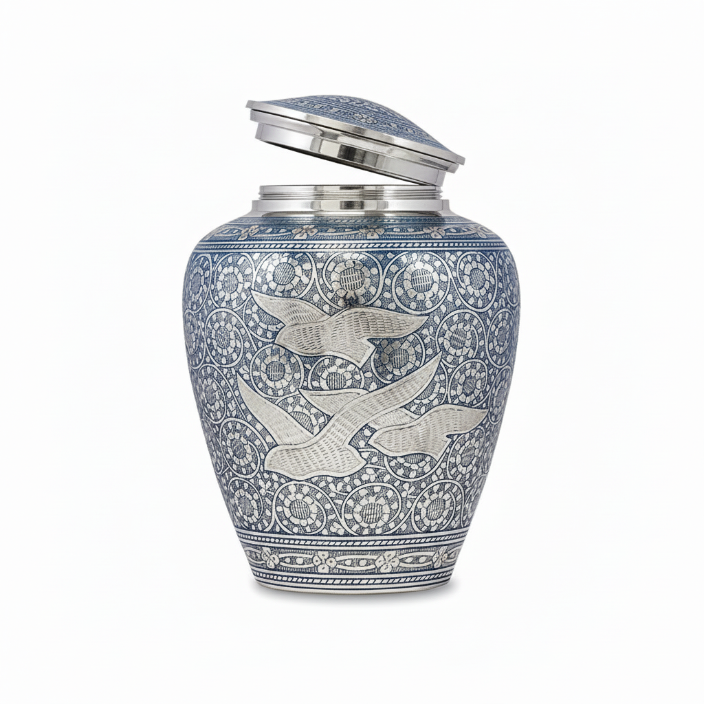 Decorative urn with intricate patterns on a white background