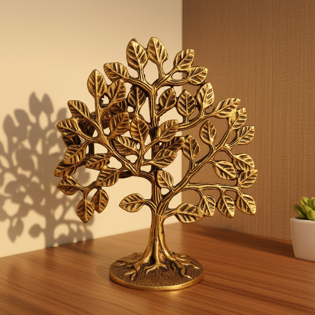 Decorative brass tree on a wooden surface with a white background