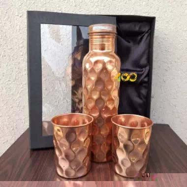 Hammered Copper Water Bottle With 2 Glass Set – 900 ml