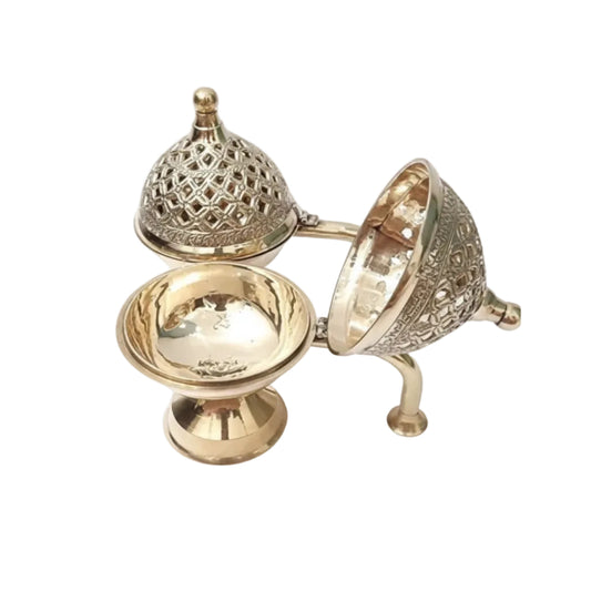 Gold-colored incense burner with intricate design on a white background