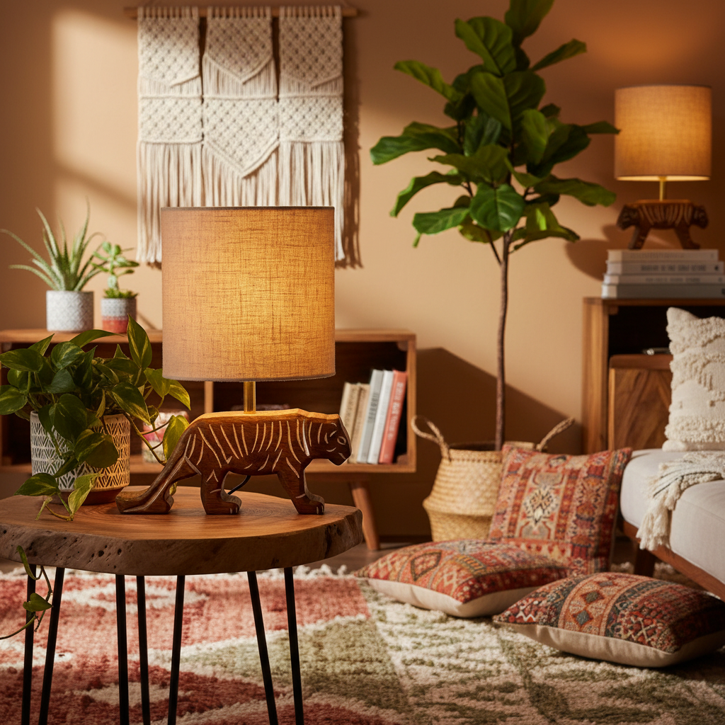 Tiger Handcarved Wooden Table Lamp