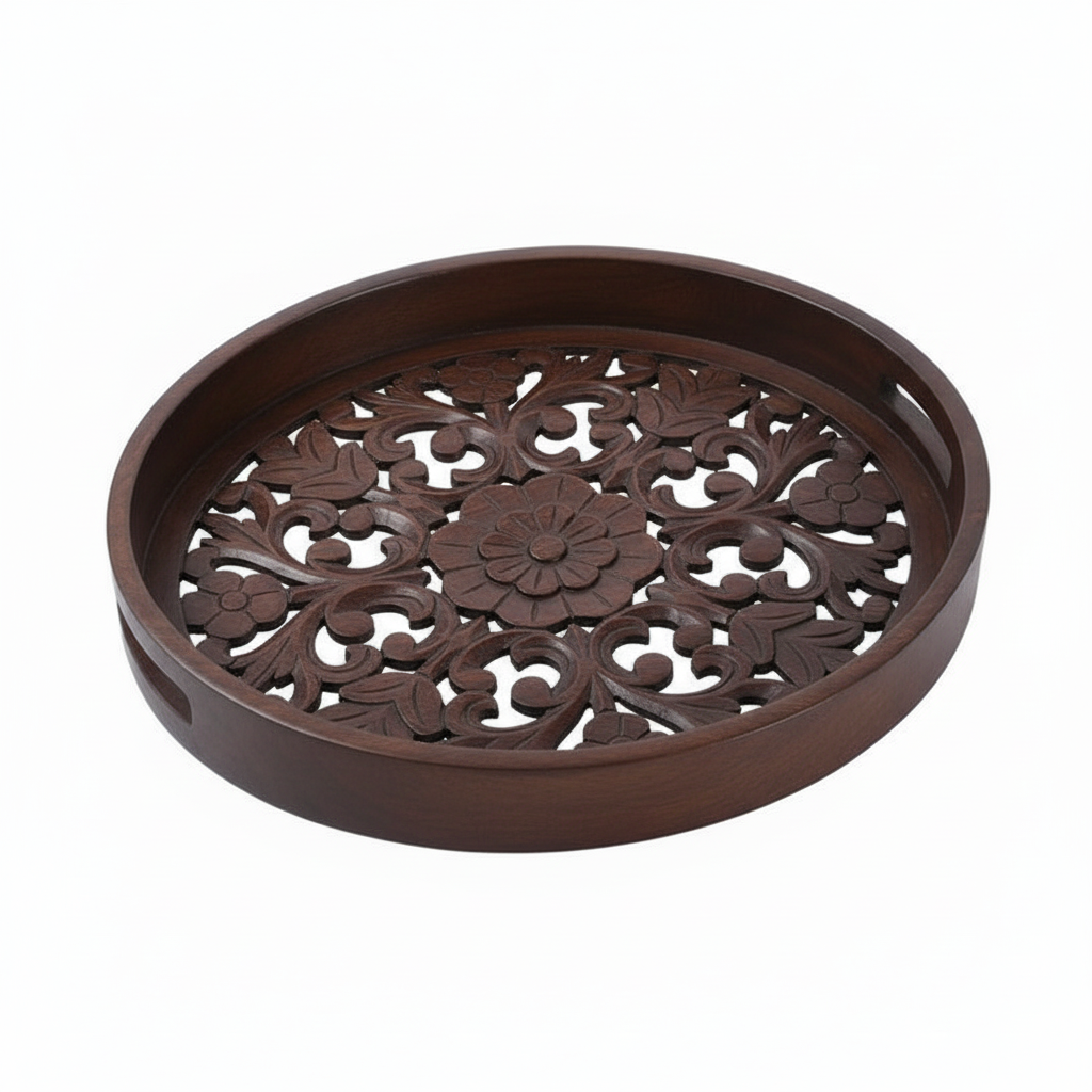 Decorative brown round tray with intricate floral patterns on a white background