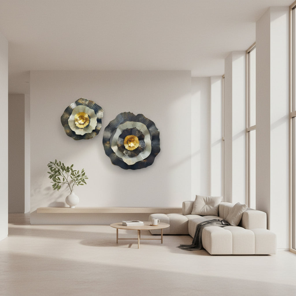 Decorative wall art pieces with gold and black colors on a gray wall, accompanied by a black chair and small table with flowers.