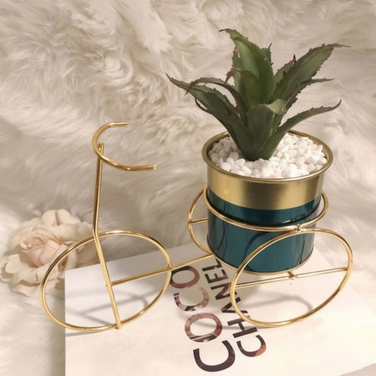 Potted plant in a decorative gold bike stand on a textured white surface
