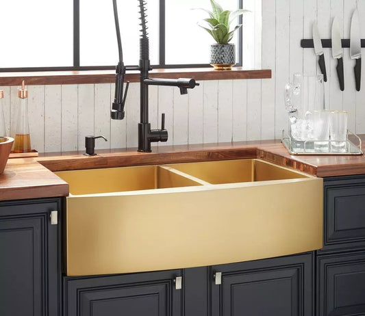 Atlas Double Bowl Farmhouse Sink – Curved Apron, Matte Gold
