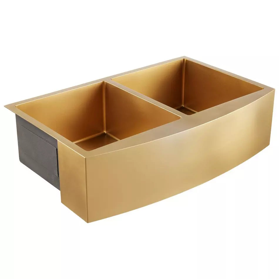 33" Atlas Double-Bowl Farmhouse Sink – Curved Apron, Matte Gold