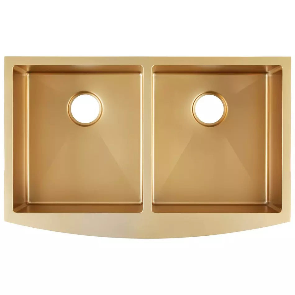 33" Atlas Double-Bowl Farmhouse Sink – Curved Apron, Matte Gold