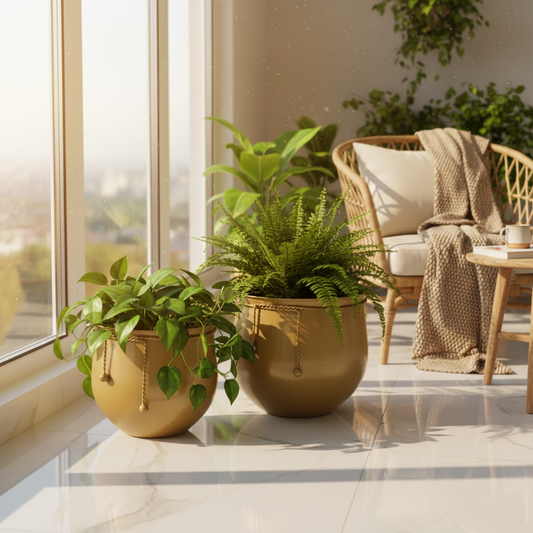 Two potted plants on a marble surface with a chair and table in the background.