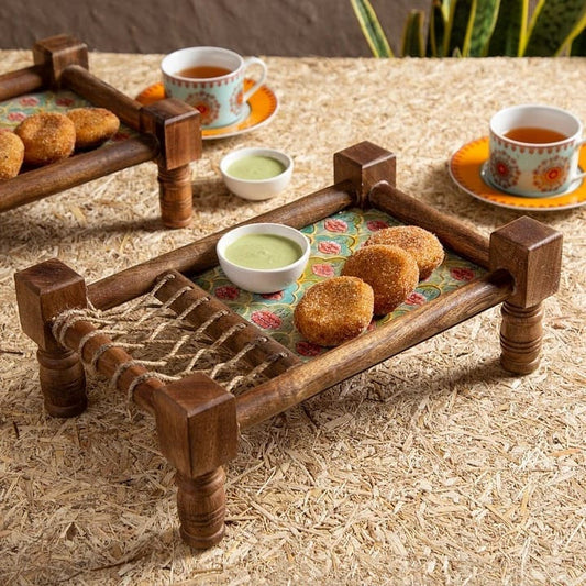 Handcrafted Wooden Serving Tray – Rectangular Cot/Khaat Style