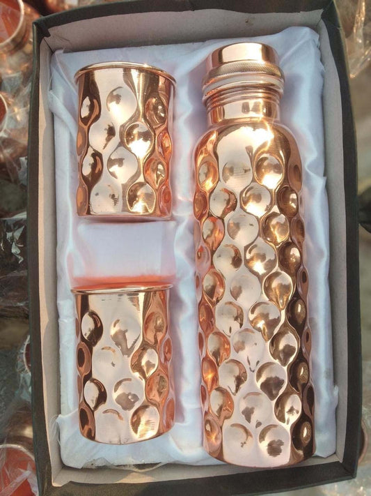 Hammered Copper Water Bottle With 2 Glass Set – 900 ml