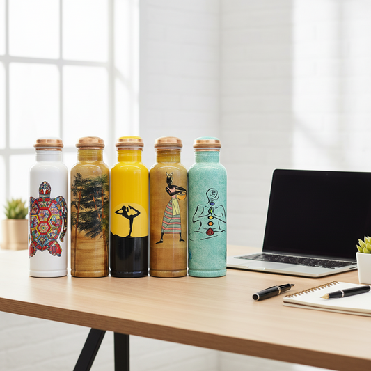 Set of five colorful water bottles with unique designs on a white background
