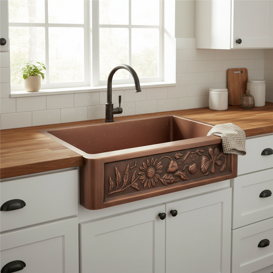 Sunflower Single Bowl Copper Kitchen Sink 36 Inch Farmhouse Design