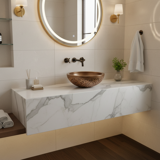 Engraved Hand Hammered Copper Round Bathroom Sink 16 Inch