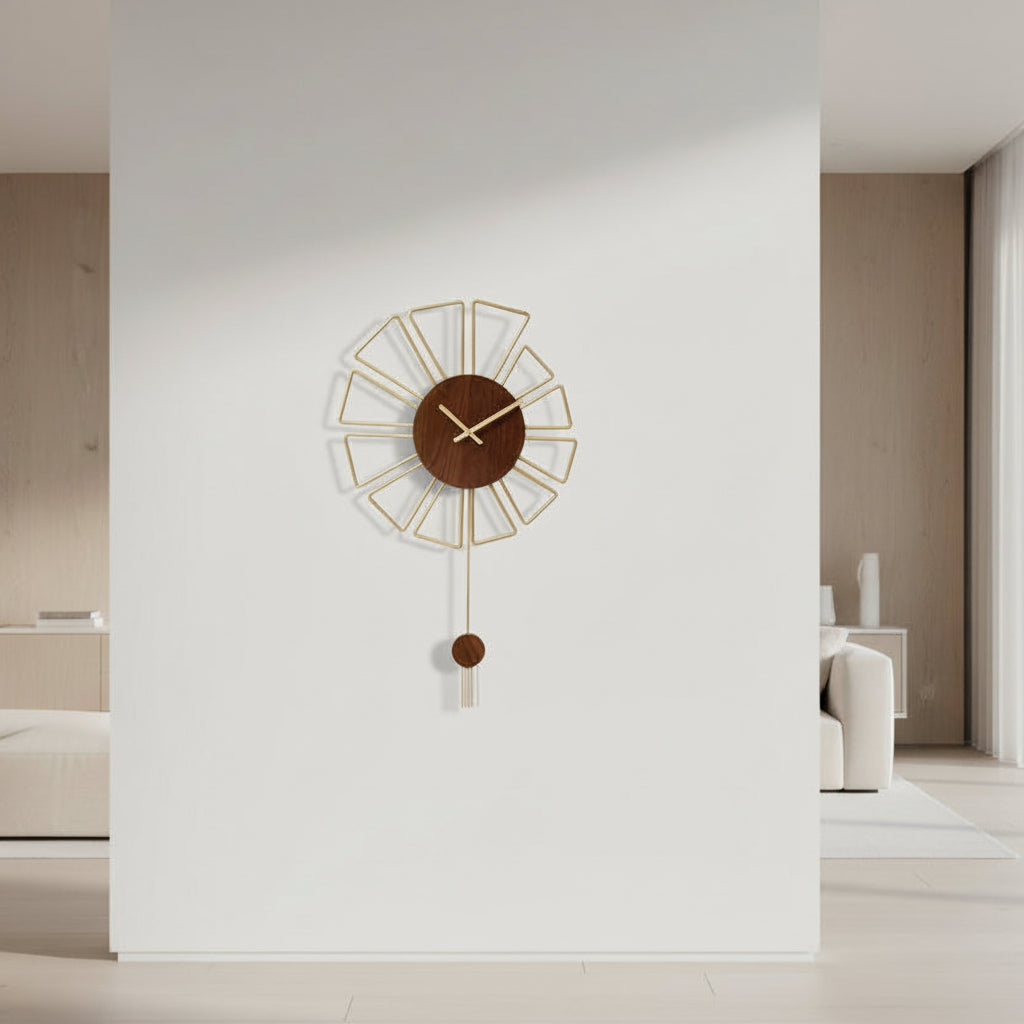 Decorative wall clock with wooden face and gold metal accents on a white background