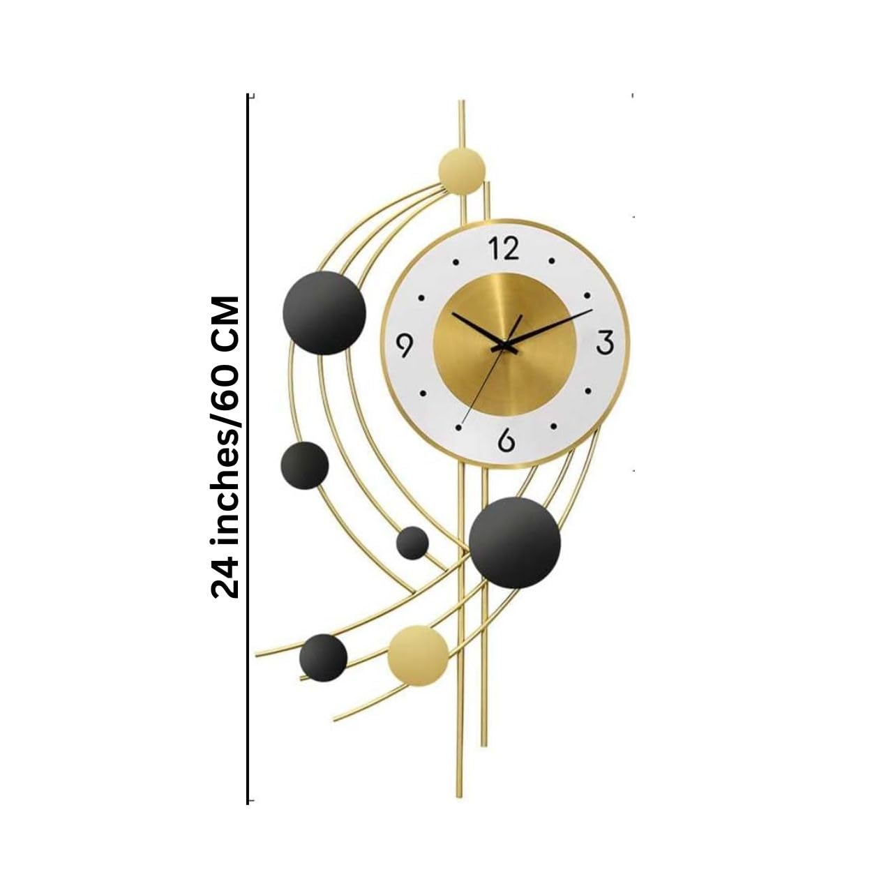 Decorative wall clock with gold and black design on a white background