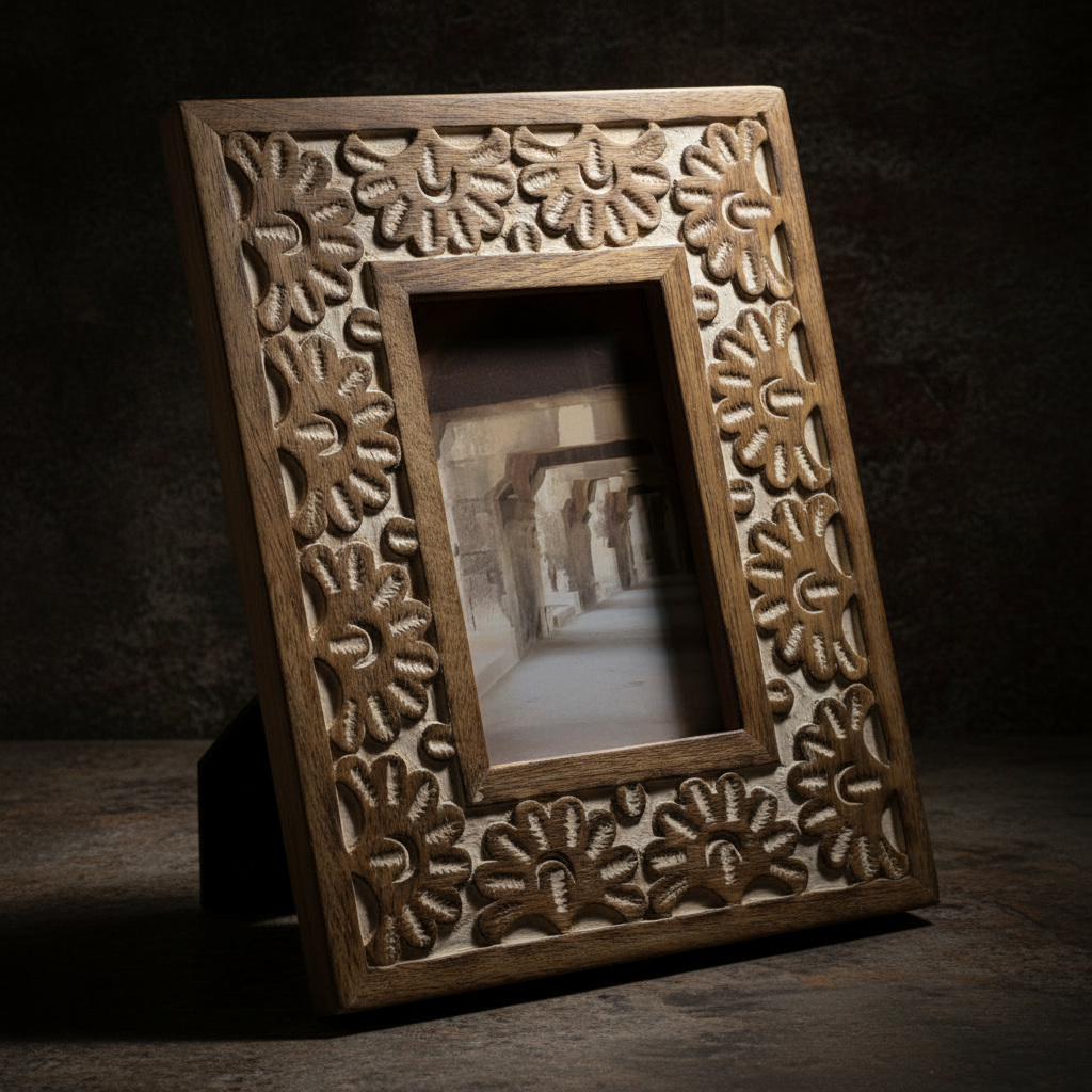 Decorative wooden photo frame with intricate carvings on a dark background