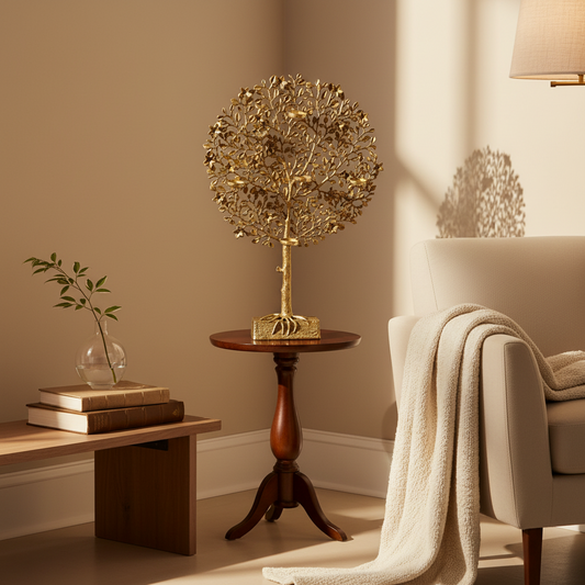 Decorative gold tree sculpture on a wooden side table in a living room setting.