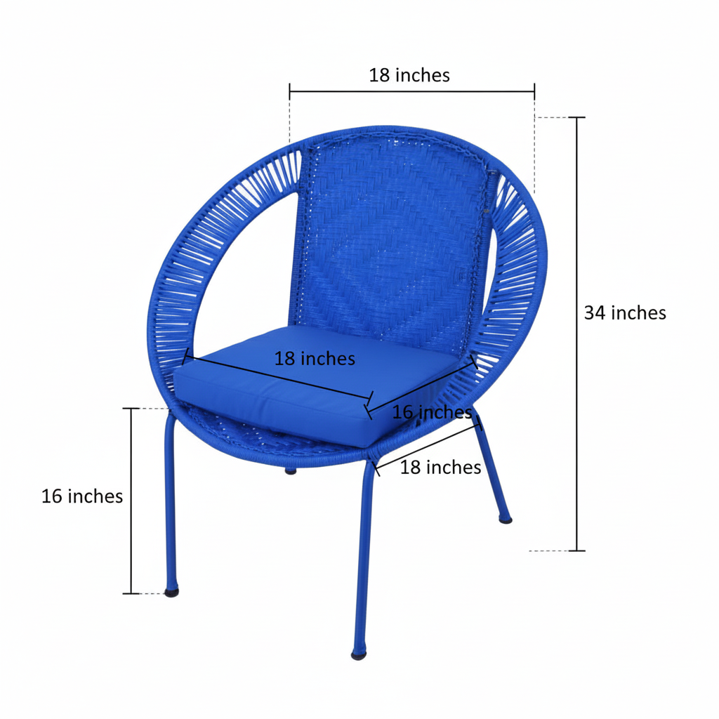 Blue chair with dimensions marked on a white background