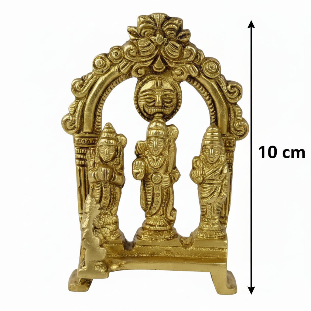 Gold-colored decorative figurine with three figures inside an arch, measurement label '10 cm' on the right.
