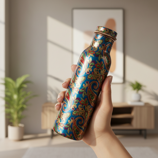 Decorative bottle held in a hand with a blurred indoor background