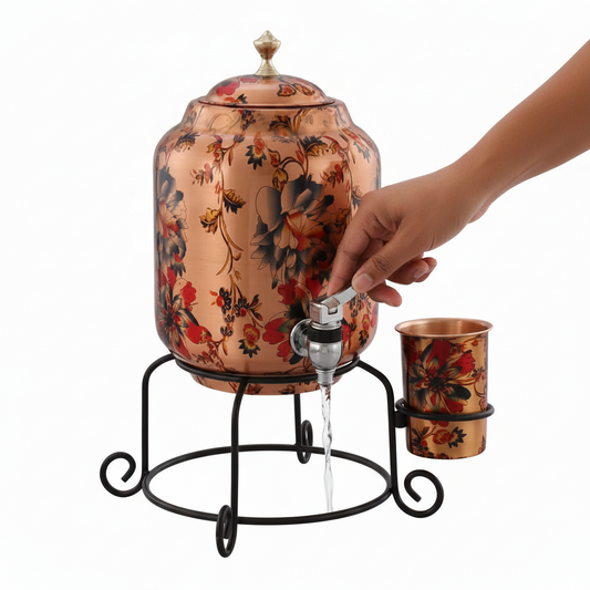 Hammered Flower Printed Copper Water Dispenser 5 Litre with Stand & 1 Glass