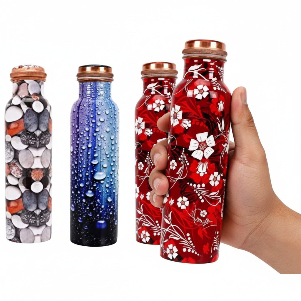 Four colorful water bottles with unique designs on a white background