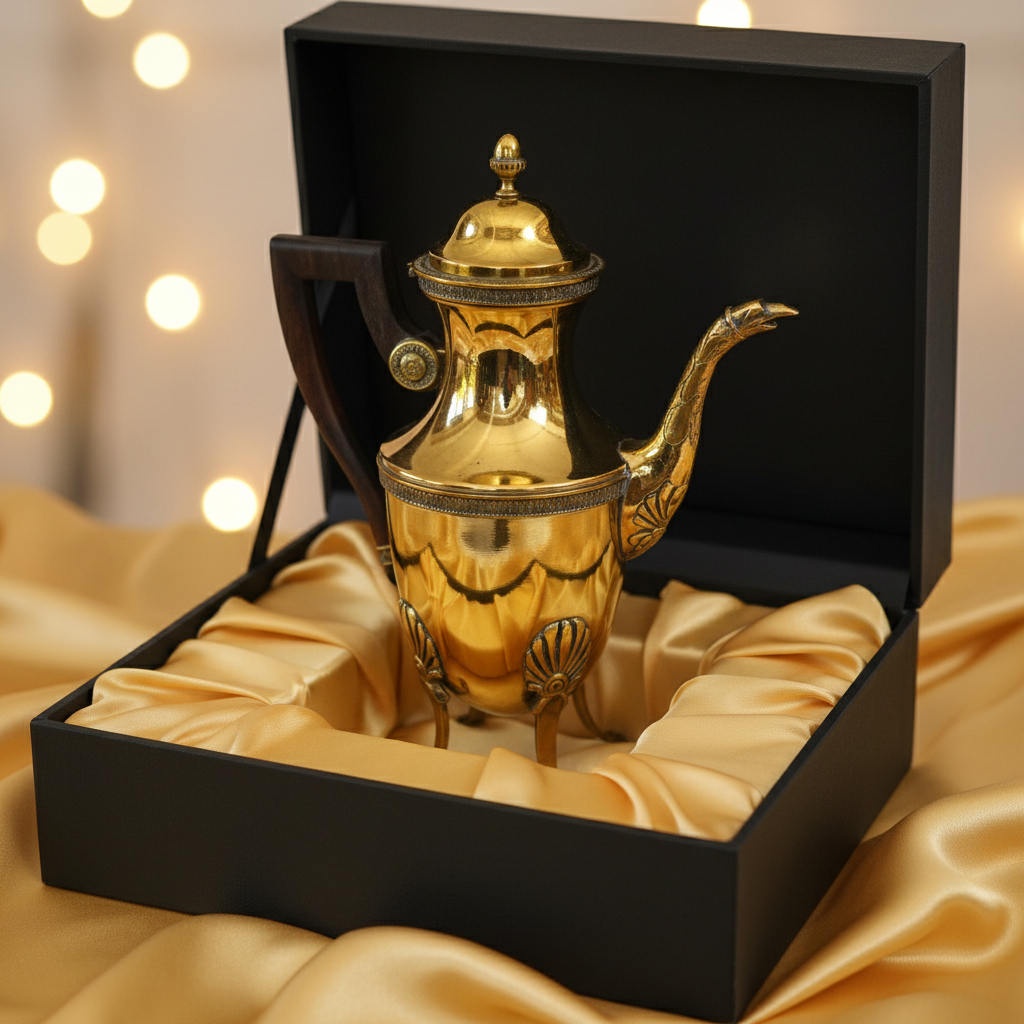 Gold teapot in a black box with a gold interior, set against a warm glow background.