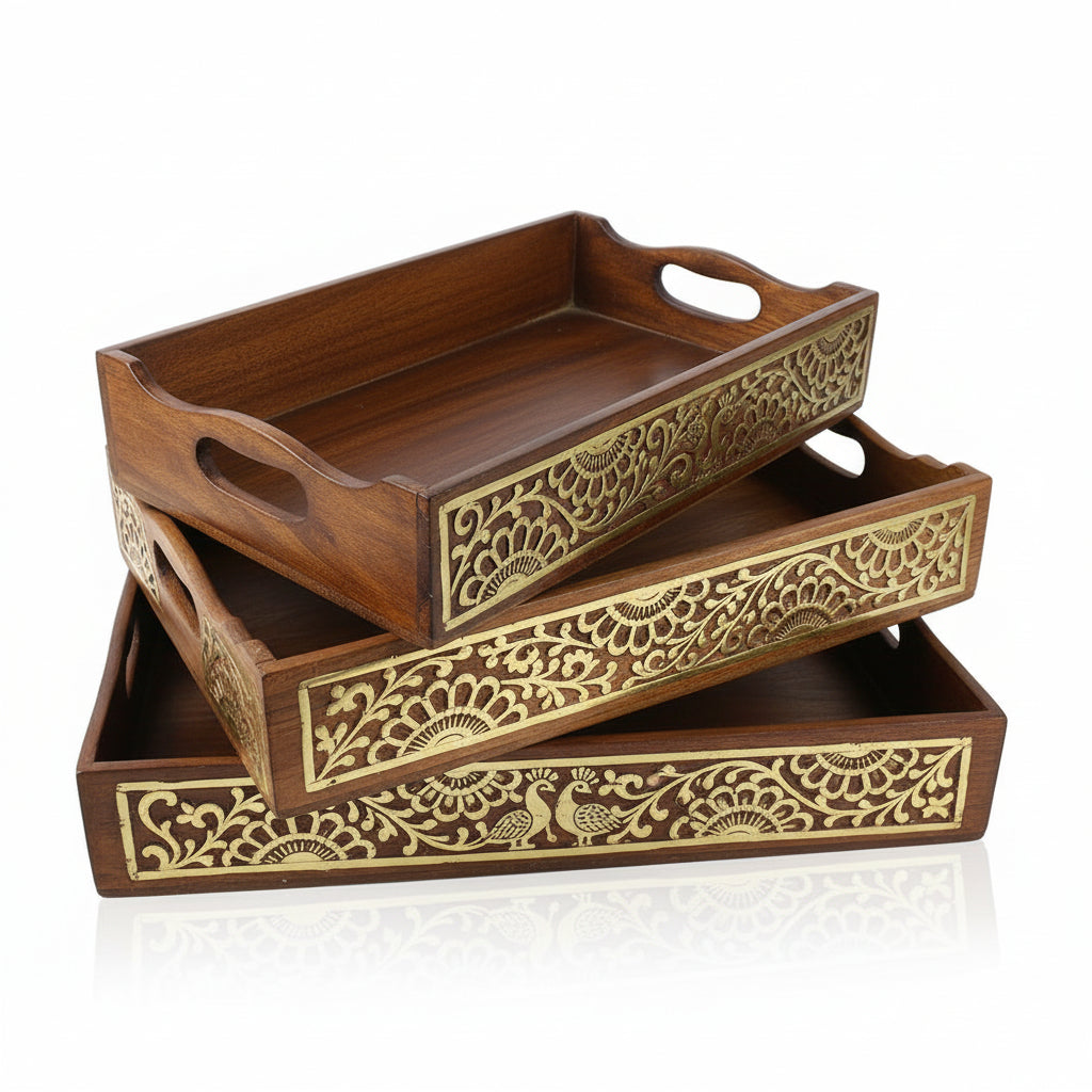 Two wooden crates with intricate carvings on a white background