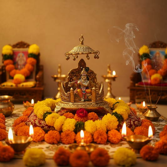 Decorative altar with神像, flowers, and candles on a table.