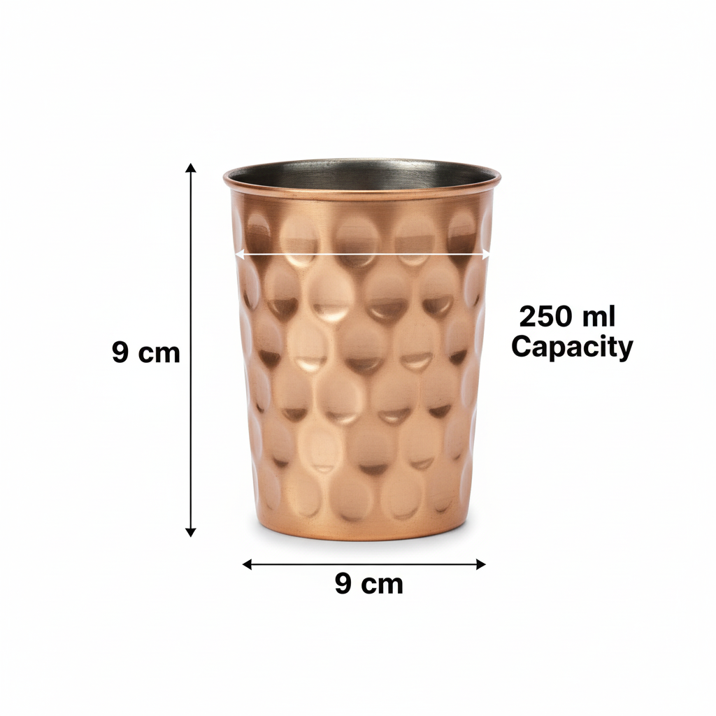 Hammered Copper Water Glass Set of 6 250ml Ayurvedic Tumblers