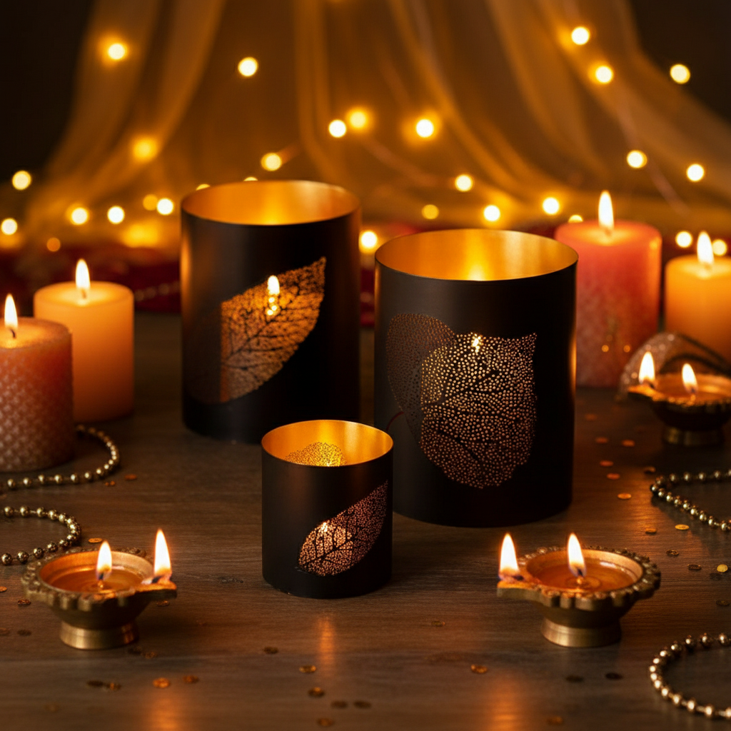 Decorative candles and lanterns with a warm glow on a wooden surface.