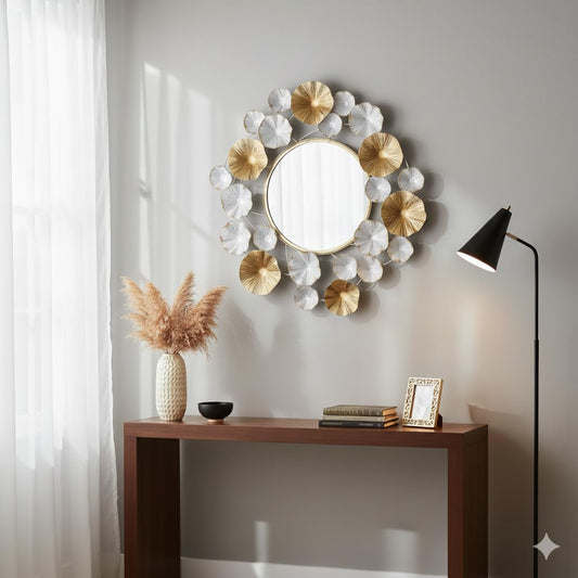 Aesthetic Lotus Leaf Bordered Gold Metal Wall Mirror