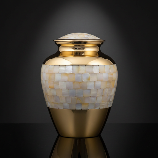 Decorative urn with mosaic design and gold accents on a dark background